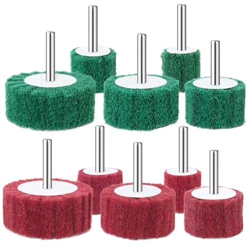 10 PCS Scouring Pads Abrasive Buffing Polishing Wheel Drill Polishing kit | 5 sizes of flap wheel: 1" 1-3/16" 1-1/2" 2" 2-3/8" 1/4” Shank Non Woven Wheel Polishing Kit for rotary tool accessories