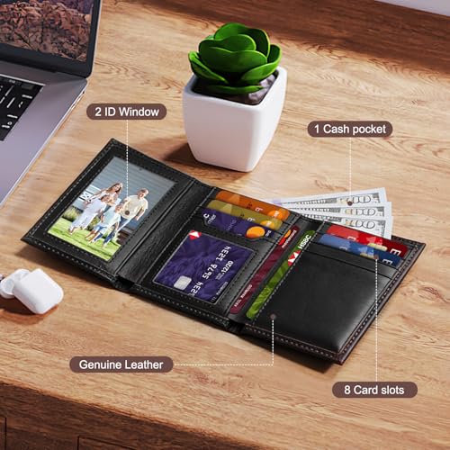 Mens Trifold Leather Wallet，Genuine Leather RFID Blocking Wallets for Men，Tri Fold Wallet with 2 ID Window and 8 Card Slots - color: Black