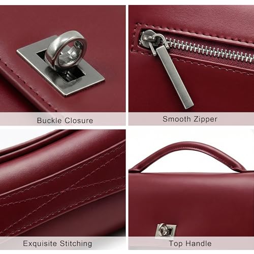 Genuine Leather Shoulder Bag for Women Top Handle Handbag Crossbody Purse | Silver-Tone Turn-Lock Closure, Adjustable Shoulder Strap, Smooth Zipper and Organized Interior with Convenient Card Slots - color: Red