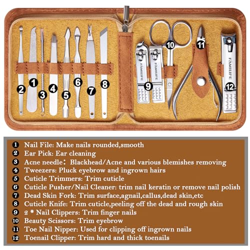 FAMILIFE Manicure Set, Nail Professional Kit Manicure Kits Nail Clipper Sets, 13PCS Stainless Steel Pedicure Sets Mens Grooming Tool, with Brown Leather Travel Case for Men - color: Bright Silver