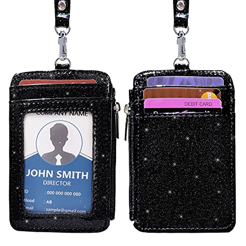 ID Badge Holder with Neck Lanyard PU Leather ID Badge Wallet Case with 1 ID Window, 4 Card Slots, 1 Side Zipper Pocket (Glitter Black) - color: Glitter Black