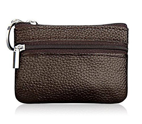 Genuine Leather Small Coin Purse Change Pouch Bag Solid Color Wallet with Zipper Key Chain Ring Credit Card Holder for Women Men(Coffee) - color: Coffee