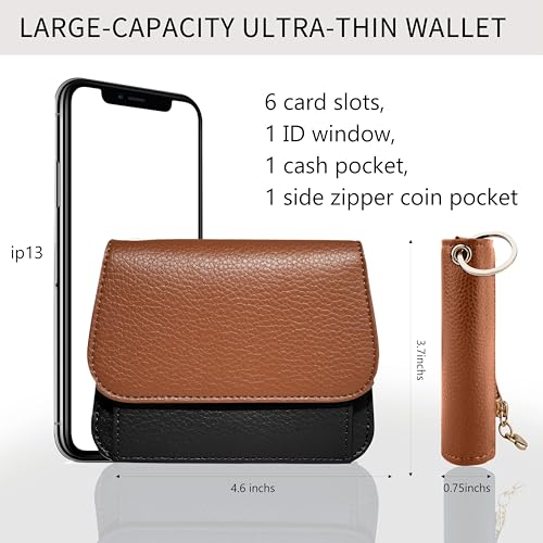 Keychain Wallet for Women,RFID Wristlet Wallet with Beaded Strap | Tri-Fold Design,6 Card Slots,ID Window,Zipper Coin Pocket,Lightweight Carry - color: Brown＆Black