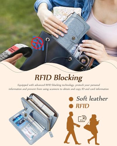 TFKGS Wallet for Women RFID Blocking Leather Large Capacity Card Holder Ladies Phone Clutch Travel Long Purse Wristlet | RFID Blocking - color: 2-Upgrade-Wax-Blue