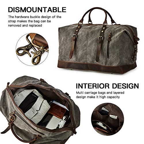 Oversized Canvas Genuine Leather Trim Travel Tote Duffel Shoulder Weekend Bag Weekender Overnight Carryon Handbag - color: Grey