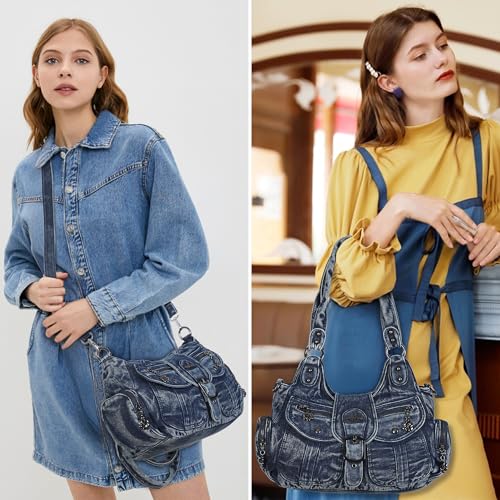 Angel Kiss Hobo Bags for Women Vegan Leather Shoulder Purses and Handbags Ladies Roomy Tote Bags Purse with Crossbody Strap - color: Denim Blue