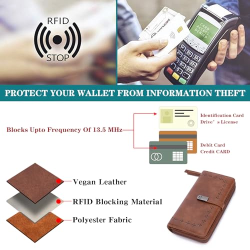 Wallet for Women Large Capacity RFID Blocking Leather Bifold Card Holder with Zipper Change Pocket - color: B01 Brown