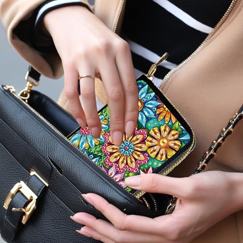 JZHYOAN Portable Diamond Art Zipper Business Small Wallet 11x8 cm DIY Flower Special Pattern Rhinestone Mosiac Card Holder Wallet Diamond Painting Credit Card Holder for Family Woman Adult