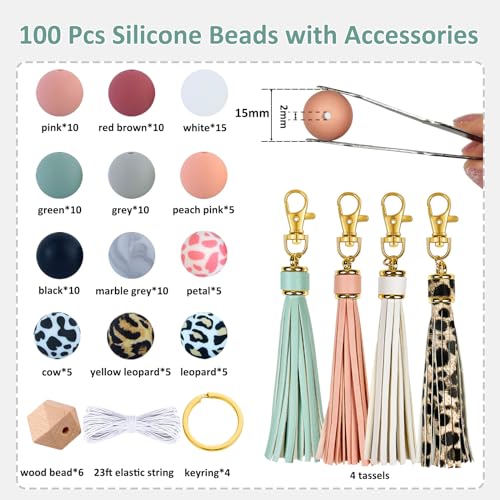 IESCOO 100pcs Silicone Beads for Keychain Making,15mm Rubber Beads kit for Keychain Bracelet Lanyards Pens with Key Rings and Tassels