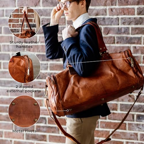 Berliner Bags Vintage Genuine Leather Duffle Bags For Men Bergen- Brown - color: Brown with 2 Side Pockets