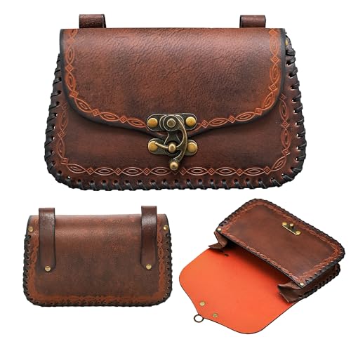 Lord of Battles Genuine Leather Messenger Belt Bag - Medieval Style Waist Bag for Cellphone, Renaissance Faire Costume Accessories (Brown)