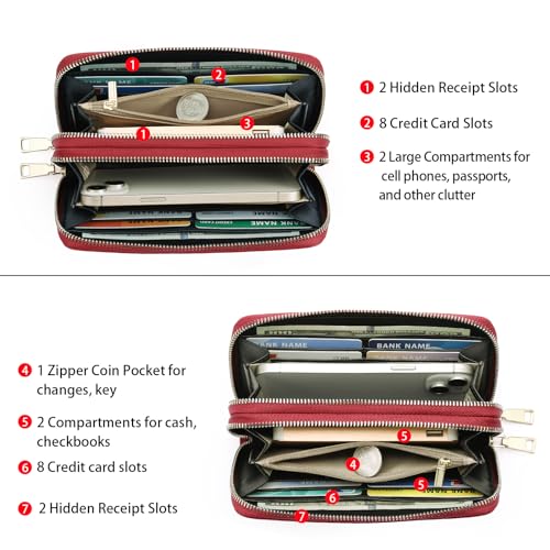 GOIACII Women's Wallet RFID Blocking Leather Wristlet | 2 Zip Around, Large Capacity, Credit Card Holder, Ladies Phone Clutch Purse - color: A05 Red
