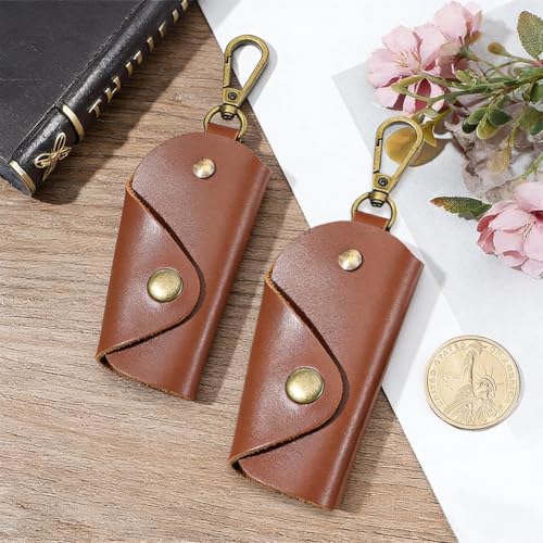 2PCS PU Leather Key Wrap Cover for Motorcycle Portable Protective Keyring Pouch - color: Brown