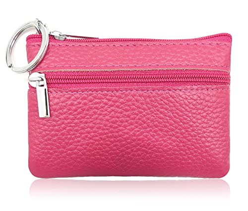 Women's Leather Small Coin Purse Pouch with Keychain Zipper, Mini Card Holder Case(Fuchsia) - color: Fuchsia