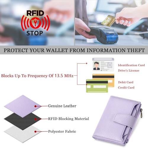 Small Wallet Women RFID Blocking Soft Leather Bifold Compact Card Holder Wallet for Women with Zipper Coin Pocket 4 ID Window - color: Light Purple