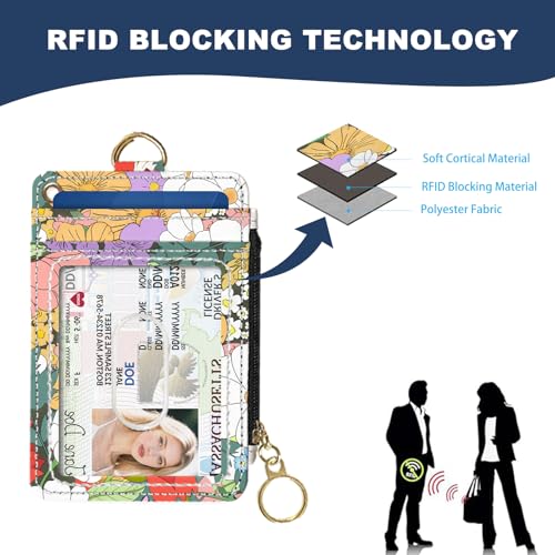 Slim Wallet Credit Card Holder, Flower Bushes And Cats, RFID Wallet Women Cute Small Front Pocket Wallet With Zipper, PU Leather Thin travel RFID Blocking Card Case ID Window ,Ladies Gifts - color: Flower Bushes And Cats
