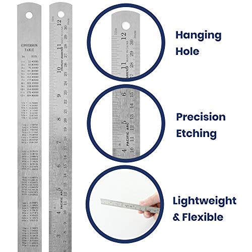 Pacific Arc 12 Inch Stainless Steel Ruler with Inch/Metric Conversion Table - style: 12 In