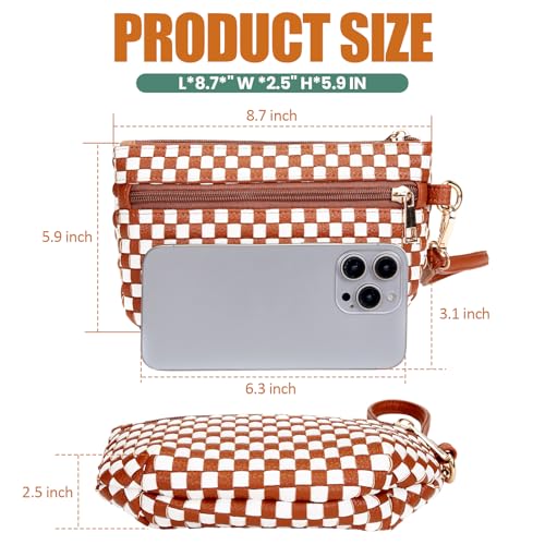 Woven Wristlet Bag for Women Checkered Crescent Pouch Wallet Small Purse - color: Brown