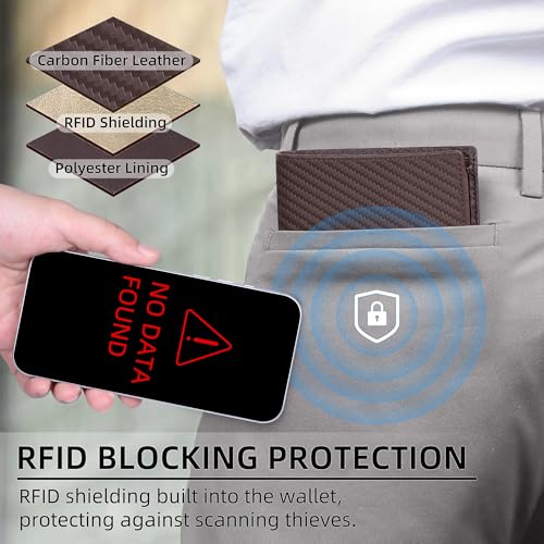 VISOUL Mens Carbon Fiber Leather Bifold Wallet with 2 ID Windows, RFID Blocking Stylish Wallet for Men with 2 Cash Compartments (Brown+Brown) - color: Brown+Brown