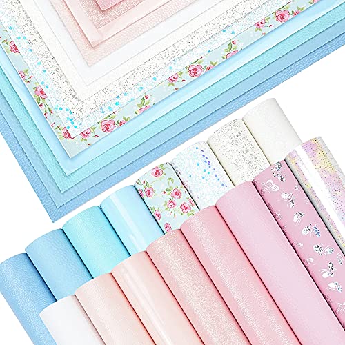 16 Pieces 8x6 Inch New Contrast Colors White Pink Blue Series Faux Leather Fabric Sheets Include Metallic Litchi Fine Chunky Glitter Patent Butterfly Flower for Leather Earring Bows Making - color: White Pink Blue Series