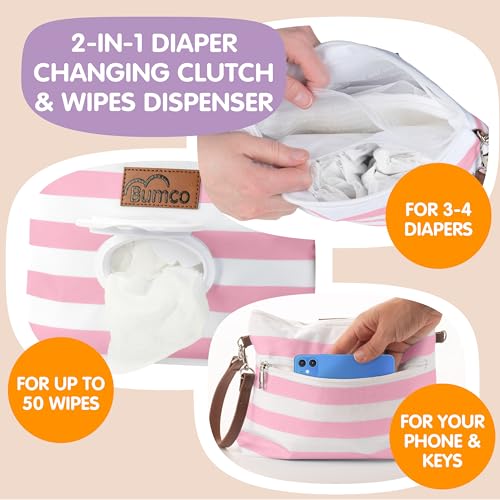 Bumco Portable Diaper Clutch Bag with Built-In Baby Wipes Dispenser (Pink) | Airtight refillable wet wipes dispenser container. Portable travel pouch holder for quick baby cleanups on the go. - color: Pink