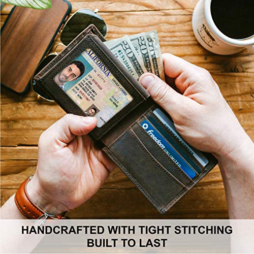 Top Grain Leather Wallet for Men | RFID Blocking | Extra Capacity Bifold Wallet with 2 ID Windows | Ultra Strong Stitching | Slim Billfold with 8 Card Slots | Gift for Him - color: Brown
