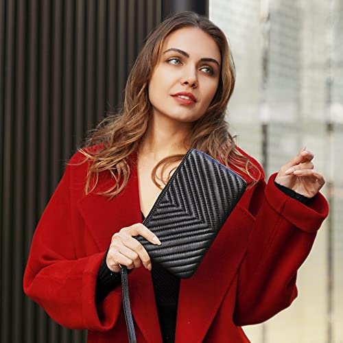 befen Genuine Leather Wristlet Clutch RFID Blocking Bag Cell Phone Purse | Cell Phone Wristlet Clutch for Women, Small Wallet Purses with RFID Blocking Card Slots - color: Chevron Quilted Black