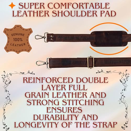 Bag Strap Replacement Genuine Leather 57" Adjustable Shoulder Strap | 1.5" wide for Messenger, Laptop, Camera, Travel, Lugagge Bags - color: Cinnamon Rustic Brown