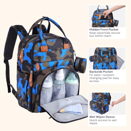 BabbleRoo Diaper Bag Backpack - Baby Essentials Travel Tote - Multi Function Water Resistant Diaper Bag, Travel Essentials Baby Bag with Changing Pad, Stroller Straps & Pacifier Case - Blue Camo - color: Camo Blue, size: Large