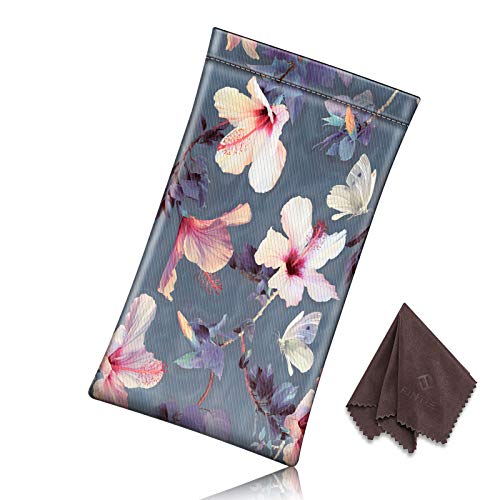 FINTIE Soft Eyeglasses Case with Cleaning Cloth, Squeeze Top Glasses Pouch | Sunglasses Eyewear Bag, Vegan Leather, For Reading /Prescription Glasses Storage, For Women Daily Carry - color: Blooming Hibiscus