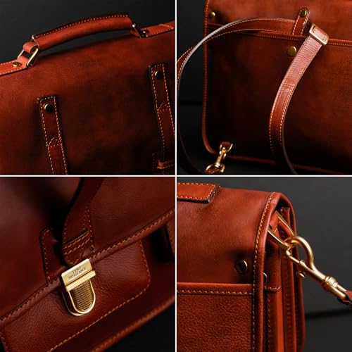 Time Resistance Leather Briefcase – Italian Handmade Leather Laptop Bag – Briefcase Convertible into Backpack - color: Cognac Brown