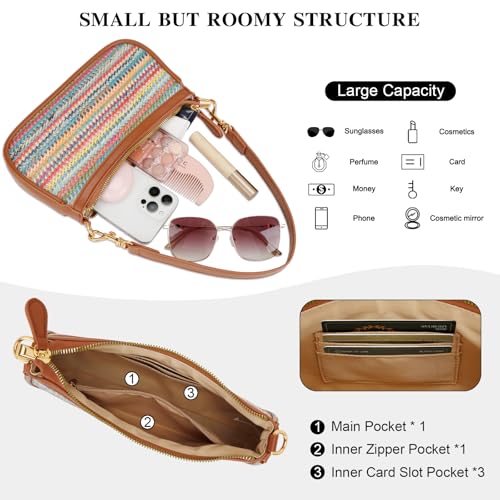 KKXIU Small Black Purse for Women, Cute Mini Shoulder Bag Zipper Closure | 2 Removable Straps, Retro Underarm Bags, Classic Crossbody Bag, Handbag for Women - color: Straw Rainbow