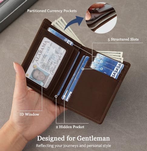 RFID Blocking Vertical Front Pocket Bifold Travel Wallet for Men | Full Grain Leather Wallet with ID Window, 7 Card Slots, 2 Cash Pockets, Minimalist Compact, Gift Box Dark Brown - color: Dark Brown