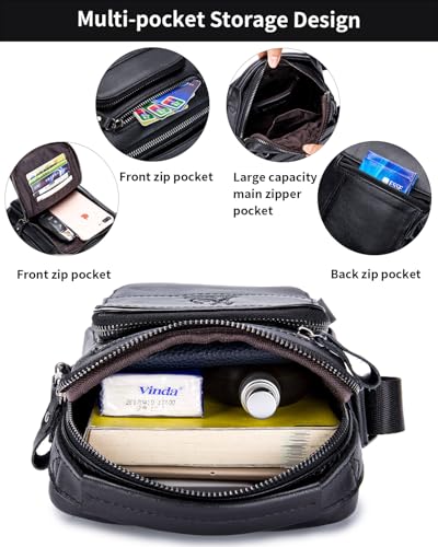 Leather Crossbody Bag for Men with Double Compartments | Genuine cowhide,two roomy sections,adjustable strap,zip closure,ideal for work,commuting,travel and gifts - color: Black