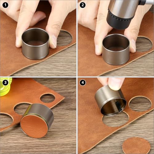 QWORK 9 Pcs Leather Circle Cutter Tool Set 15-55mm High Carbon Steel Round Punching Die Kit for Fabric Clay & Leather Crafts Hollow Hole Punch for Belt Wallet & DIY Jewelry Making
