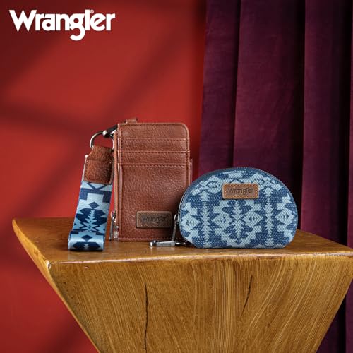 Wrangler Aztec Keychain Wristlet Wallets for Women Western Dual Pouch Wristlet Credit Card Holder Wallet with Zipper Pocket WG2212-W0051JN - color: Retro Jean