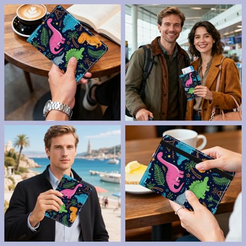 PU Leather Passport Holder Cover 5.9×4.3 Inch with Credit Card Slot Boarding Pass Slot Combo Blocking Passport Holder Wallet Cover Case for Travel Boarding Essentials(Cartoon Dinosaur) - color: Cartoon Dinosaur