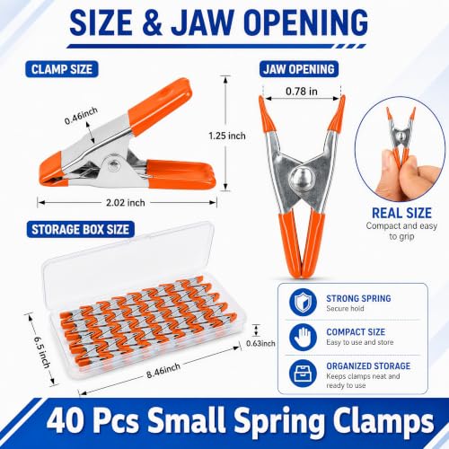 40 Pcs Small Spring Clamps, 2 Inch Orange Metal Clip for Crafts, Heavy Duty Woodworking Fastener, Photography Muslin Backdrop Holder, 0.78 Inch Maximum Opening - color: Orange