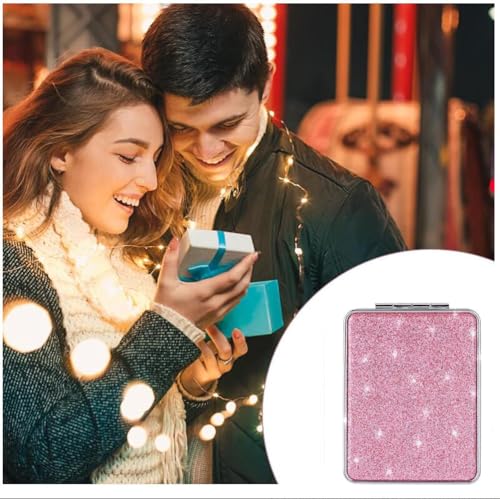Pink Compact Mirror for Women,Small Magnifying Travel Mirror with Glitter,Portable 2 x 1x Magnification Folding Pocket Makeup Mirror Cosmetic Mirror for Gift Travel Essentials - color: Pink-square