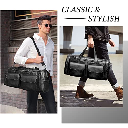 BOLOSTA Travel Duffel Bag for Men Women, Large PU Leather Carry on Duffle Bags for Traveling, Waterproof Overnight Weekender Duffel Bag with Shoe Compartment - Perfect for Daily Use/Birthday Gift - color: Black