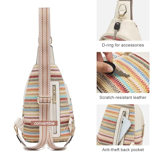 cakang Womens Sling Bag Crossbody Bags for Women Vegan Leather Sling Backpack Daypack Fanny Pack Crossbody Purse Travel - color: 8-rainbow Weaving-white