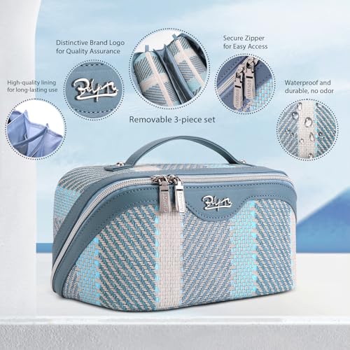 BOYATU Makeup Bag, Makeup Organizer, Toiletry Travel Bag for Women - Blue | 3 Pcs Vegan Leather Cosmetic Bag with Compartments - 180° Open-Flat Makeup Organizer - Waterproof Large Capacity Toiletry Bag - color: C-1-Blue