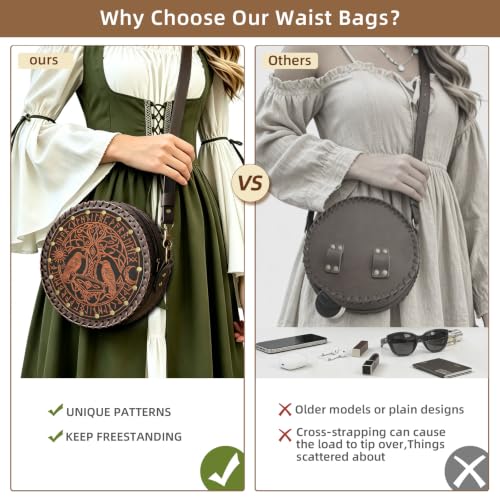Medieval Viking Round Faux Leather Shoulder Bag, Tree of Life Raven Rune Crossbody Purse, Renaissance Bag for Women, LARP Cosplay Accessories, Norse Fantasy Belt Pouch & Leather Belt Bag - color: Brown Black