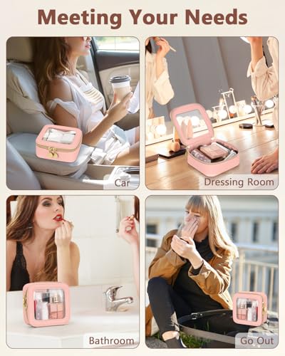 Soimeat Clear Makeup Bag, Portable Travel Cosmetic Bags, Multipurpose Leather Toiletry Bag with Zipper, Waterproof Transparent Cosmetic Organizer for Women, Mini, Pink - color: Pink, size: Mini
