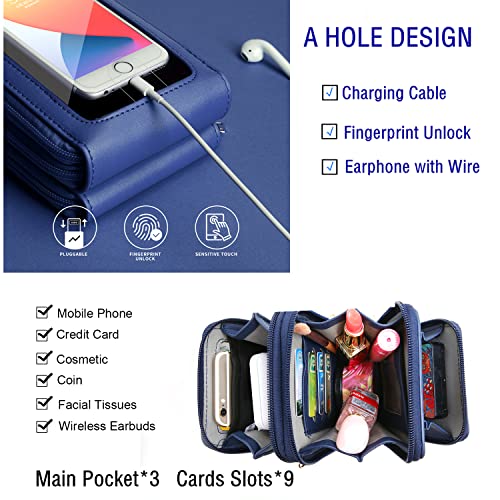 Crossbody Cellphone Purse Women Touch Screen Bag RFID Blocking Wallet Handbag Shoulder Strap - color: Navy Blue, size: Small