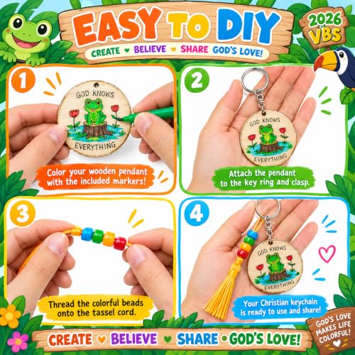 Cinrobiye 24 Pcs Rainforest Animal Wooden Keychain Craft Kit, DIY Wood Keychain Blanks to Paint with Beads Tassels, Jungle Animal Activity Set for VBS, Sunday School, Church Classroom, Camps, Parties - style: Rainforest