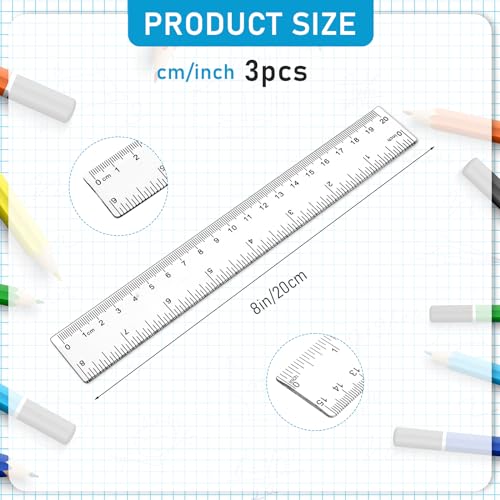 3 Pack 8 Inch Ruler Set Plastic Straight Ruler Transparent Measuring Tool Acrylic Clear Ruler for School Office Student(Transparent) - size: 3 x 8 Inch