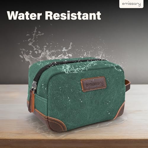 emissary Men's Toiletry Bag, Leather and Canvas Travel Toiletry Bag, Dopp Kit for Men, Travel Bathroom Bag Men's Shaving Kit, Travel Kit Small Bags for Men, Shaving Bag for Travel Accessories (Green) | Durable canvas & PU leather, water-resistant lining,