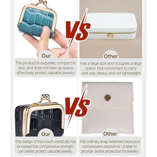 Genuine Leather Mini Jewelry Box & Coin Purse for Women, Travel Jewelry Case with Kiss Lock, Holds Earrings, Rings, Necklace, Bracelet, Coins (Storm Blue Crocdile Pattern) - color: Storm Blue - 2.5in - Crocodile Pattern