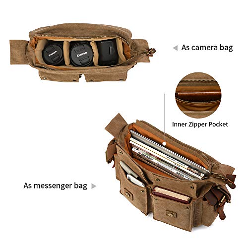 Kattee Vintage Leather Canvas DSLR SLR Camera Bags for Men | Leather & canvas, vintage. Adjustable padded dividers fit DSLR/lenses. Card pockets. Ideal for travel, office & daily - color: Khaki